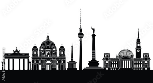 Silhouette of Berlin city skyline featuring Brandenburg Gate, Berlin Cathedral, TV Tower, and Reichstag building for German travel and historical landmarks.