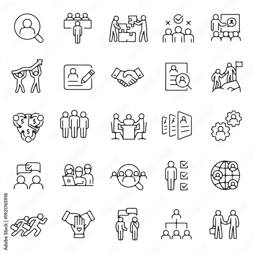 Fototapeta premium Teamwork & Collaboration Line Icons Set – Business, HR, Leadership