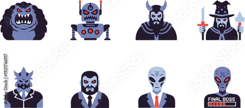 Stylized monster and alien characters in blue tones
