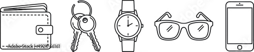 Essential black and white line art icons representing common daily carry items like a wallet keys wristwatch eyeglasses and a smartphone for organization.