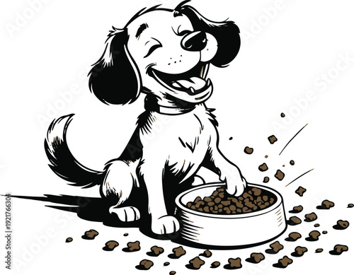 Heavy stroke cartoon vector illustration of a dog happily eating kibble scattered near bowl, exaggerated thick contour, minimal detail, pure black and white, isolated on white 1