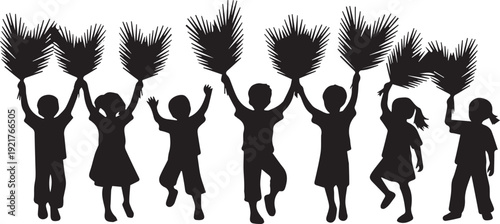 Children holding palm branches silhouette illustration for religious events vector