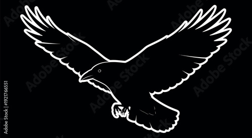 Striking white line art silhouette of a majestic raven or large crow captured in powerful flight against a stark solid black background illustrating avian freedom and mystery