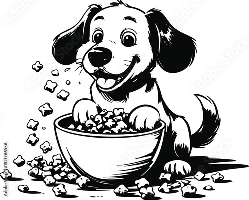 Heavy stroke cartoon vector illustration of a dog happily eating kibble scattered near bowl, exaggerated thick contour, minimal detail, pure black and white, isolated on white 2