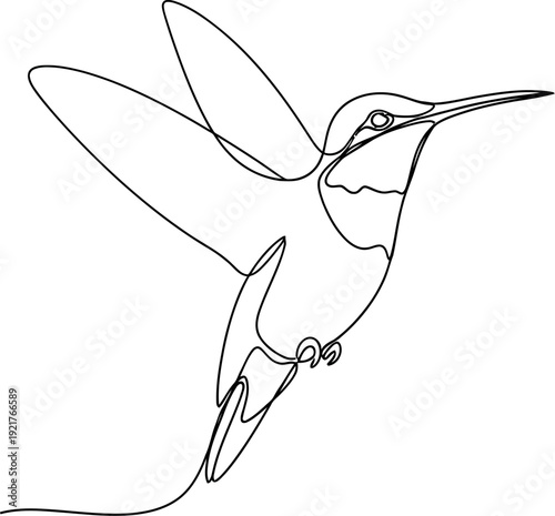 Minimalist continuous line drawing elegantly captures the detailed form of a hovering hummingbird in flight against a stark white background illustrating simplicity.