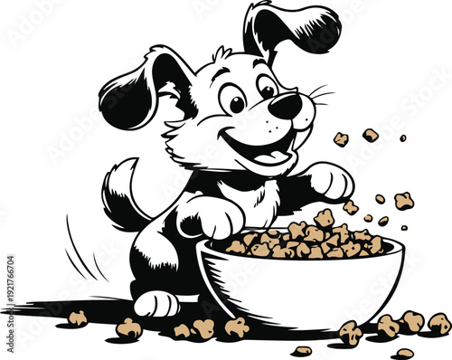 Heavy stroke cartoon vector illustration of a dog happily eating kibble scattered near bowl, exaggerated thick contour, minimal detail, pure black and white, isolated on white 3