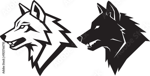 Stylized wolf heads facing each other in minimalist vector design