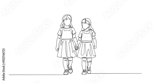 Two young girls in dresses holding hands and walking together in a stylized line drawing illustration