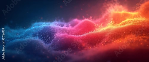 Vibrant abstract waves gently undulate as the camera slowly pans across a surreal, colorful landscape with glowing particles, creating a mesmerizing, cinematic visual experience.