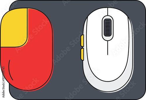 Computer mouse and colorful mousepad are positioned side by side on a dark surface for office work.