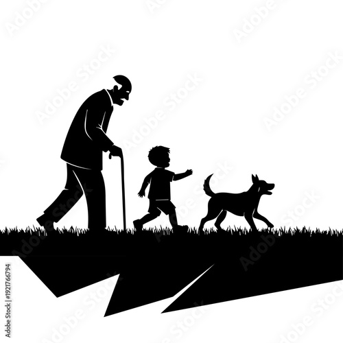 Grandfather, Child and Dog Walking – Family Silhouette Illustration