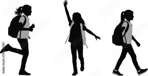 Silhouette of happy school girls with backpacks running and walking to school, back to education, childhood friendship, and student lifestyle