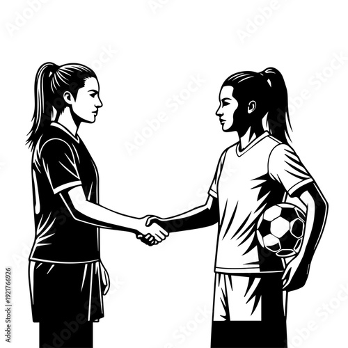 Female Soccer Players Handshake with Ball Teamwork Vector Illustration