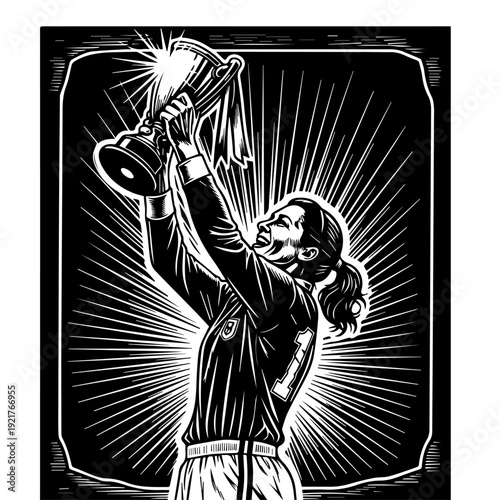 Female Soccer Champion Lifting Trophy Dramatic Victory Vector Illustration