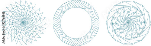 Geometric circular line patterns set, abstract radial spiral mandala rings, modern symmetry vector illustration isolated on white background design collection