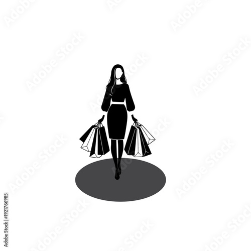 Elegant Woman with Shopping Bags – Black and White Fashion Silhouette Illustration
