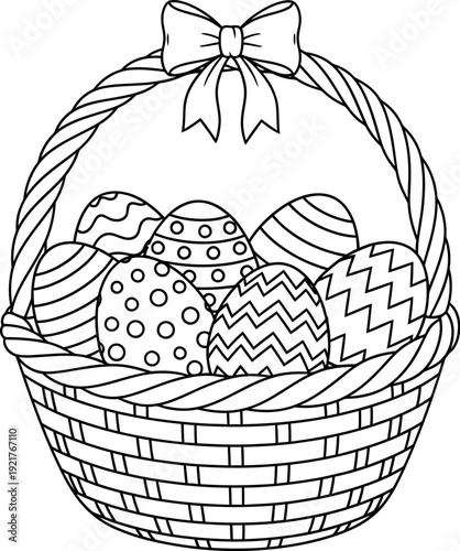 Adorable black and white outline drawing of an Easter basket filled to the brim with beautifully decorated patterned eggs ready for coloring fun.