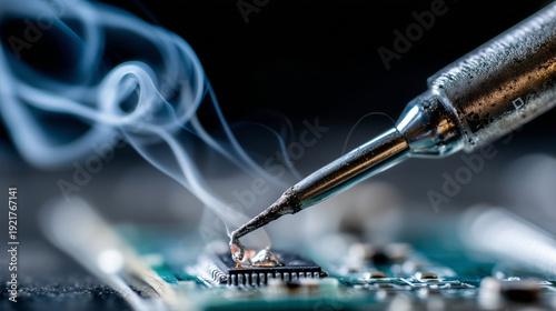 Extreme close-up of a soldering iron touching a circuit board, melting rosin and silver solder display, aesthetic smoke swirl shown, high-tech restoration workshop with focused LED