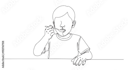 Minimalist Continuous Line Art Drawing of a Young Boy Eating Food with a Spoon, Depicting Childhood Nutrition and Healthy Eating Habits