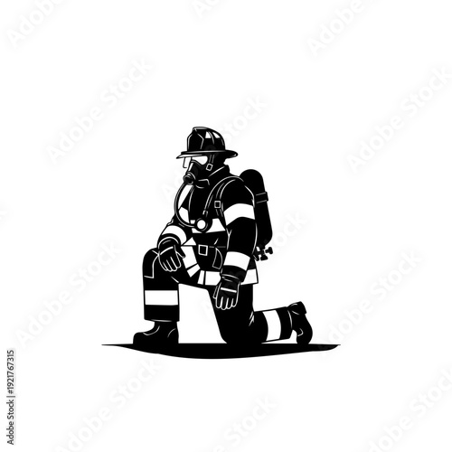 Firefighter Kneeling Silhouette – Black and White Emergency Rescue Illustration