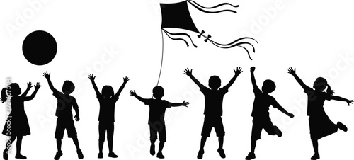 Black silhouette illustration of children playing outdoors, flying kite, ball game, joyful activity, childhood freedom, social interaction, fun lifestyle vector design