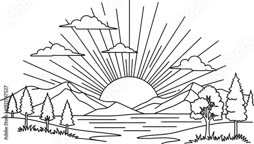 Minimalist black and white line art drawing depicts a beautiful sunrise over rugged mountains reflected in a serene lake surrounded by evergreen forest trees and scattered clouds.