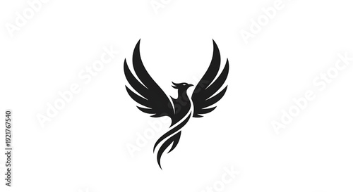 Phoenix bird silhouette logo with spread wings and flowing tail, black abstract emblem on white background, fantasy firebird icon for branding, tattoo, esports