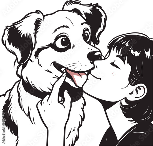 Sticker-style bold outline illustration of a playful dog gently nibbling a human’s fingers in friendly love bite, exaggerated thick lines, flat black and white, no texture, isolated