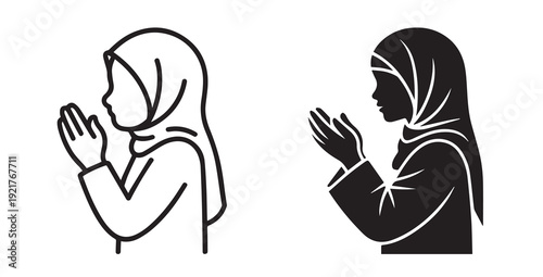 Muslim Woman Praying Icon Set.Islamic Woman Making Dua.Modern Outline and Filled Icon Design