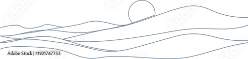 Minimalist continuous line art drawing depicts a serene landscape with rolling hills or waves under a simple circle representing the sun or moon.
