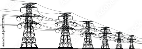 Silhouette high voltage power transmission towers pylons with cables wires insulators, electrical grid energy infrastructure line isolated black outline transparent background, 2026