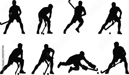 Field Hockey Player Silhouettes Collection, Athlete Action Poses with Stick and Ball Isolated on White Background Vector