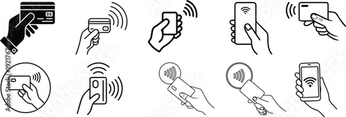 Contactless payment icons, hand holding credit card or phone, tap to pay wireless NFC mobile digital payment