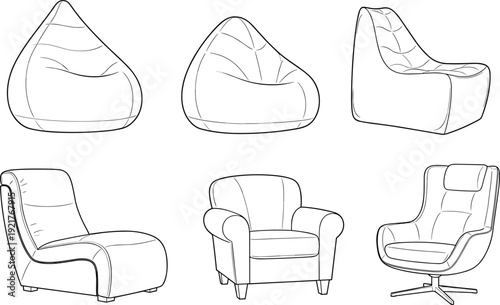Modern chair outline illustration set, bean bag armchair lounge seating designs, furniture line art vector collection isolated on white background
