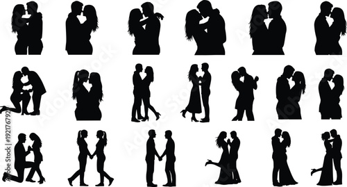 Black silhouette illustration of fifteen romantic couples in affectionate poses including hugging, kissing, holding hands, and embracing, symbolizing love, romance, and emotional connection