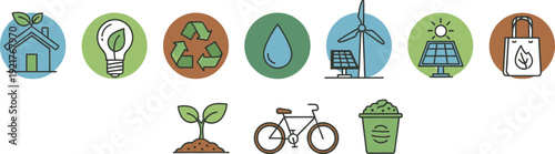 Collection of colorful outline icons representing various aspects of environmental protection sustainability energy saving and ecological responsibility for modern design projects
