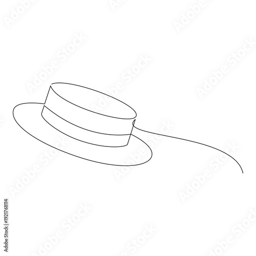 Hand drawn hat with ribbon vector. Womens headwear line continuous drawing. Linear silhouette, minimal icon, fashion print, banner, card, poster, brochure, doodle illustration, clothing sign, logo
