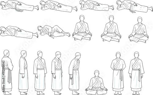 Monk meditation and posture line art collection showing standing sitting and lying poses, Buddhist mindfulness practice figures isolated vector illustration set