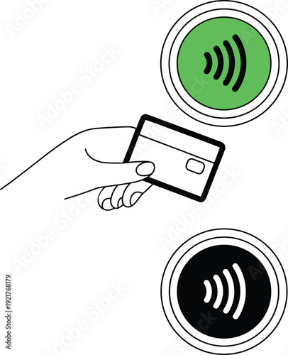 Hand holding credit card for contactless tap to pay transaction with NFC technology icons