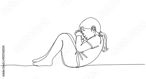 A minimalistic continuous line drawing of a child curled up in a fetal position with hands clasped