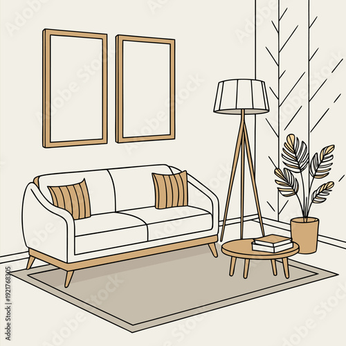 Modern minimalist living room featuring two blank frames, white sofa, yellow pillows, wooden lamp, clean design, and contemporary home decoration, 3D rendering.