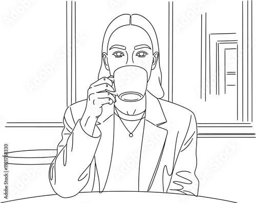 Minimalist line art illustration depicts a professional young woman taking a thoughtful sip from a coffee cup while seated at a table indoors suggesting a quiet moment.