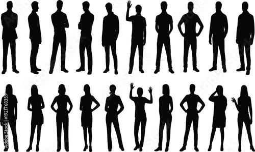 Vector silhouette collection of diverse business professionals and casual people including men in suits women in office wear and person in a wheelchair for inclusion.