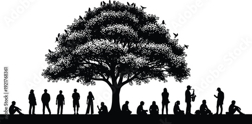 Black silhouette illustration of large tree with people gathered beneath, birds flying, and musician playing saxophone, symbolizing community, nature, music, and social interaction