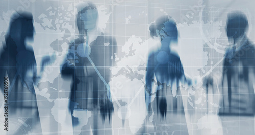 Global communication concept with network lines and people connecting over abstract world map background