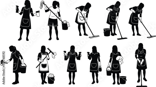 Collection of cleaning woman silhouettes, female housekeeper maid mopping wiping spraying scrubbing with mop bucket cloth apron, vector illustration housework set.
