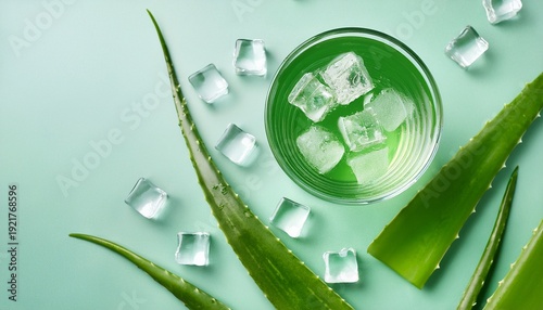 refreshing aloe vera drink with ice cubes and green leaves overhead flatlay