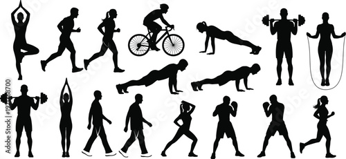Fitness training silhouette collection, athletes performing yoga running cycling push ups weightlifting boxing and cardio exercises isolated on white background