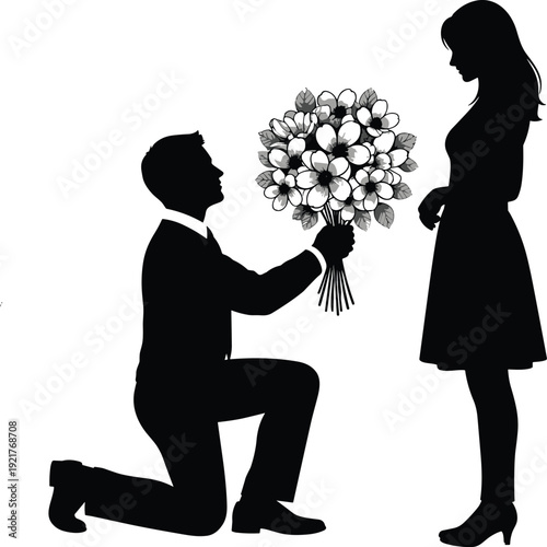 Black silhouette illustration of man kneeling with bouquet of flowers proposing to woman, symbolizing romance, love, affection, emotional gesture, and relationship commitment
