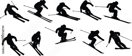 Set of ten professional skier silhouettes featuring athletes performing downhill racing and jumping maneuvers for winter sports mountain resort recreation